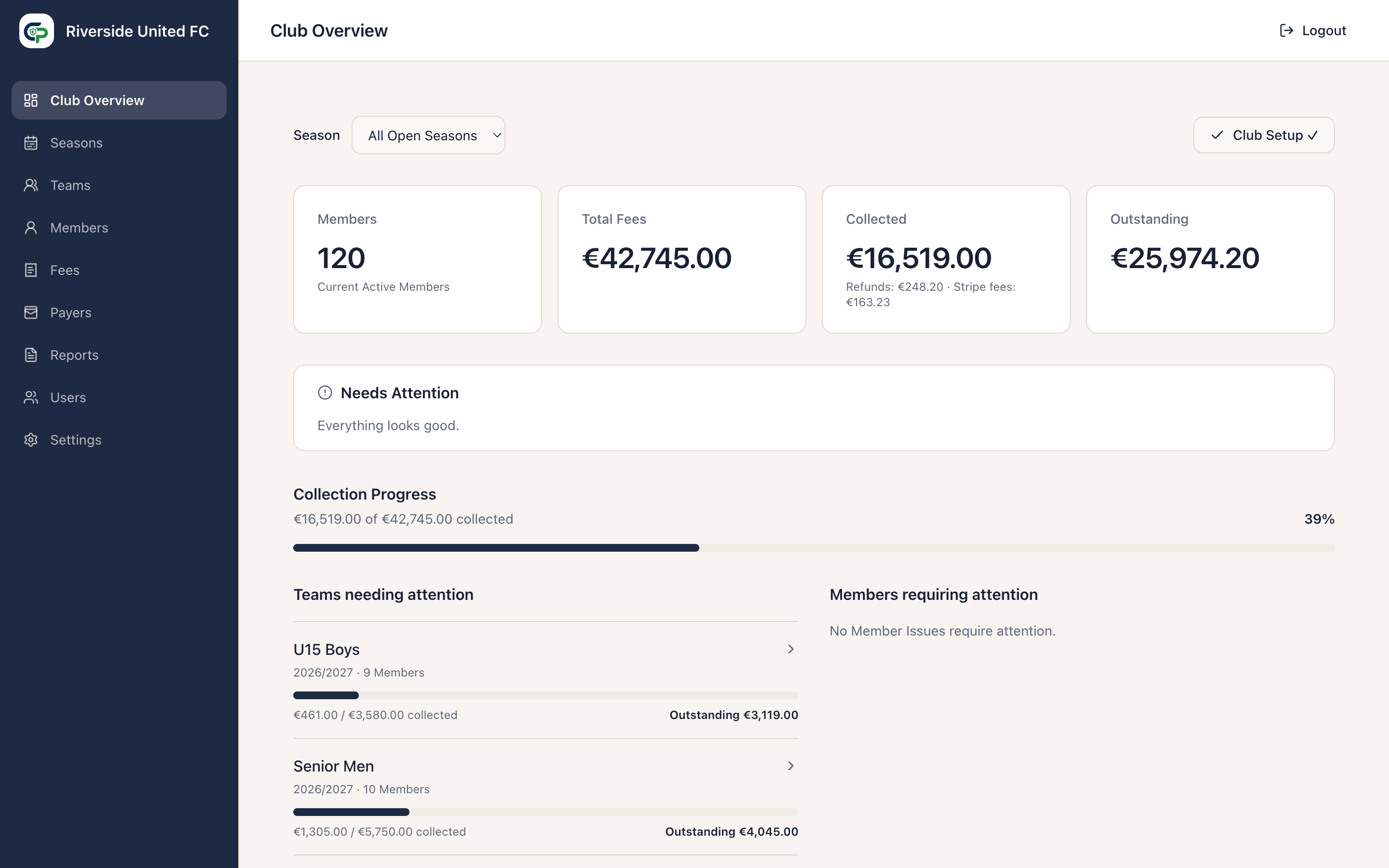 Riverside United FC dashboard showing club balances and payment activity